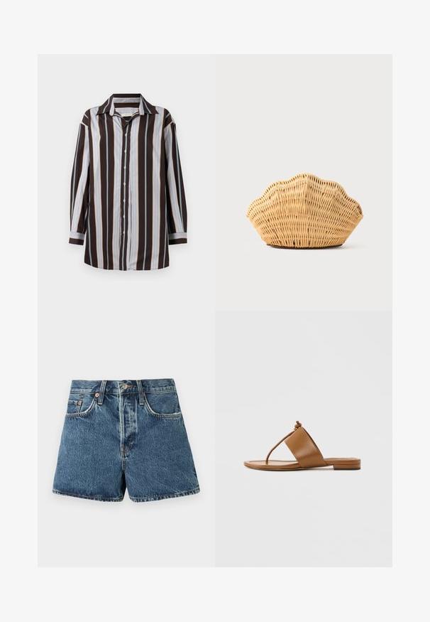 Overhemd met lange mouwen, voorzien van verticale strepen in bruin, blauw en geel. Zachte stof, puntige kraag en knopen aan de voorkant.; Denim shorts in medium blue met een hoge taille, vijf zakken, contrasterende stiksels en een metalen knoopsluiting. Textuurstof met een lichte vervaging.; Bruine platte sandaal met een brede band en een dunne teenband met een knoop bovenop, afgebeeld tegen een eenvoudige lichtgrijze achtergrond.; Geweven rotan handtas in de vorm van een sint-jakobsschelp met natuurlijke lichtbruine kleur en afgeronde, gestructureerde randen.