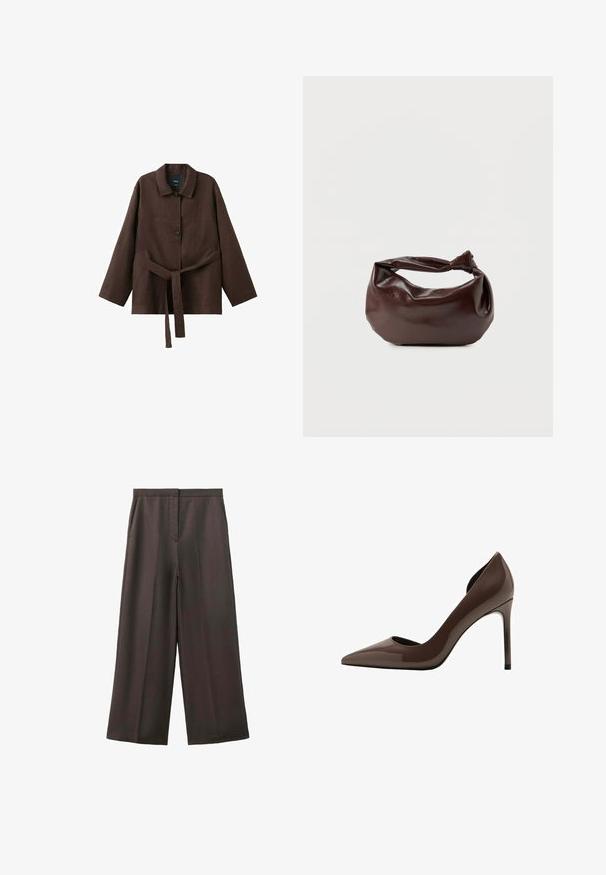 Veste marron foncé à manches longues avec col, deux boutons et une ceinture assortie en tissu nouée à la taille.; Pantalon large marron foncé avec poches latérales et fermeture avant dissimulée, présenté sur fond blanc.; Escarpin à talon aiguille en cuir verni marron, avec bout pointu et côtés ajourés, présentant une finition brillante et un talon haut et fin.; Sac bandoulière en cuir marron foncé avec une forme souple et décontractée et une anse nouée torsadée sur un fond blanc uni.