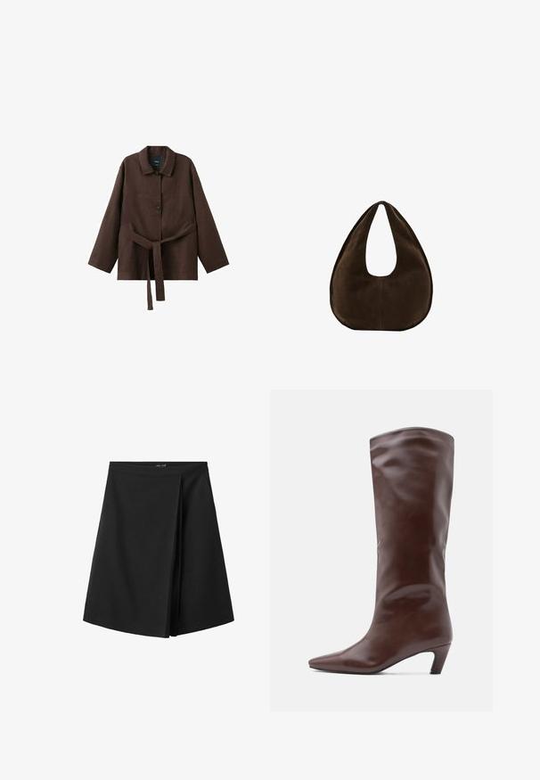 Veste marron foncé à manches longues avec col, deux boutons et une ceinture assortie en tissu nouée à la taille.; Jupe noire longueur genou avec une ceinture droite et un détail de pli superposé à l'avant, présentée sur fond blanc.; Botte en cuir brun montant jusqu'au genou, avec un bout pointu et un talon effilé. Texture lisse avec un design élégant et minimaliste.; Sac à main en daim marron foncé en forme de croissant avec une seule sangle large et une texture lisse sur fond blanc.