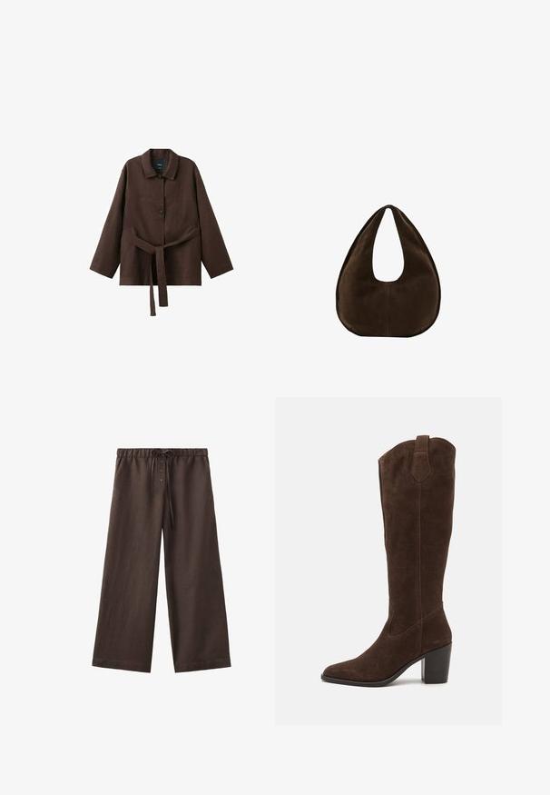 Veste marron foncé à manches longues avec col, deux boutons et une ceinture assortie en tissu nouée à la taille.; Pantalon large en lin marron avec taille élastique, cordon de serrage et trois boutons sur la fermeture devant.; Anna Field LEATHER - Bottes à talons hauts - brown; Sac à main en daim marron foncé en forme de croissant avec une seule sangle large et une texture lisse sur fond blanc.