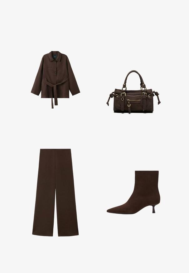 Veste marron foncé à manches longues avec col, deux boutons et une ceinture assortie en tissu nouée à la taille.; Pantalons évasés fabriqués à partir d'un tissu marron foncé et lisse. Dotés d'une taille haute et d'un design minimaliste sans embellissements.; Bottine en daim marron avec un bout pointu et un petit talon fin. Surface lisse, design sans coutures, silhouette discrète.; Sac à main en cuir marron foncé avec double poignée, poche avant zippée, boucles décoratives et nœuds latéraux sur fond blanc.
