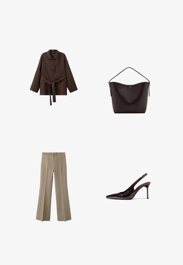 Veste marron foncé à manches longues avec col, deux boutons et une ceinture assortie en tissu nouée à la taille.; Pantalons à carreaux houndstooth beige et marron à jambes larges, avec un pli avant et des détails à la taille.; Chaussure à talon haut pour femmes en cuir marron foncé, avec bride arrière, bout pointu et talon aigu slim, sur fond blanc.; Sac à bandoulière en cuir marron foncé avec une seule sangle et un petit bouton doré au centre devant.