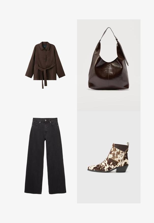 Donkerbruine lange mouw jas met kraag, twee knopen en een bijpassende stoffen riem gestrikt in de taille.; Zwarte wijde jeans van denim, met een hoge taille, vijf zakken en een knoopsluiting met subtiele stikseldetails.; Cowboystijl enkelbotten gemaakt van bruin en crèmekleurig vacht, met een spitse neus, lage hak en ribbelaccent aan de zijkanten.; Donkerbruine glanzende leren schoudertas met een enkele brede riem en gespsdetail aan één kant, tegen een effen lichte achtergrond.