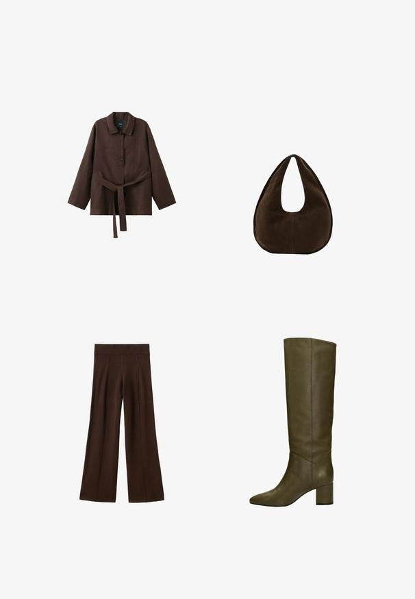 Veste marron foncé à manches longues avec col, deux boutons et une ceinture assortie en tissu nouée à la taille.; Pantalons amples marron avec une taille élastique côtelée et des détails de coutures verticales sur un fond blanc.; Bottes en cuir vert olive, hautes, avec un bout pointu et un talon carré, présentant une texture lisse et des détails de couture minimalistes.; Sac à main en daim marron foncé en forme de croissant avec une seule sangle large et une texture lisse sur fond blanc.