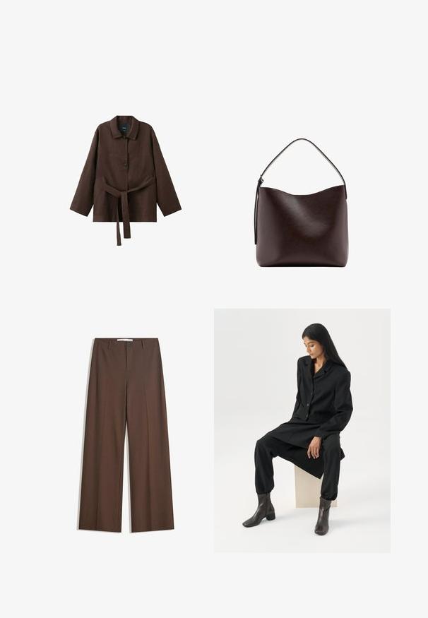 Veste marron foncé à manches longues avec col, deux boutons et une ceinture assortie en tissu nouée à la taille.; Pantalons larges marron avec une texture lisse, des plis à l'avant, une fermeture à bouton et deux poches latérales. Conçus pour le confort et la polyvalence.; Femme aux longs cheveux foncés assise, portant un blazer noir ample, un pantalon large assorti et des bottines foncées, sur un fond blanc uni.; Sac à main en cuir brun foncé avec une seule poignée supérieure incurvée et une surface lisse et dépourvue d'ornements sur fond blanc.