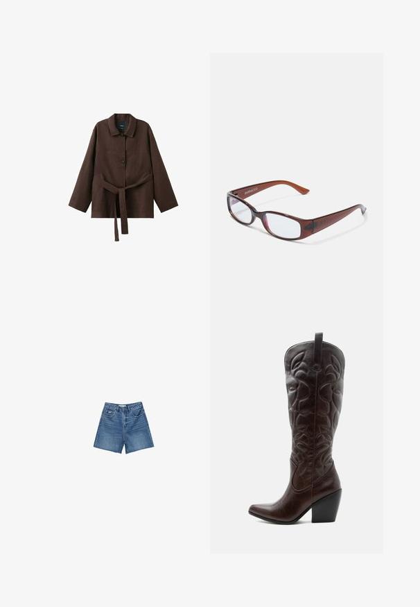 Veste marron foncé à manches longues avec col, deux boutons et une ceinture assortie en tissu nouée à la taille.; Shorts en denim de lavage bleu moyen, avec un design classique à cinq poches, passants de ceinture, et fermeture éclair avec bouton.; Botte de cowboy haute en cuir marron foncé avec motifs décoratifs cousus, bout pointu et talon bloc empilé.; Lunettes rectangulaires teintées de brun avec une finition brillante, dotées de branches fines et de verres transparents. Logo visible sur la branche gauche.