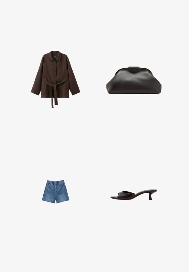 Veste marron foncé à manches longues avec col, deux boutons et une ceinture assortie en tissu nouée à la taille.; Shorts en denim de lavage bleu moyen, avec un design classique à cinq poches, passants de ceinture, et fermeture éclair avec bouton.; Sandale mule noire à bout ouvert avec un talon bas courbé et une tige en cuir lisse sur fond blanc.; Pochette en cuir noir souple avec un cadre arrondi et une petite fermeture à languette en haut au centre.