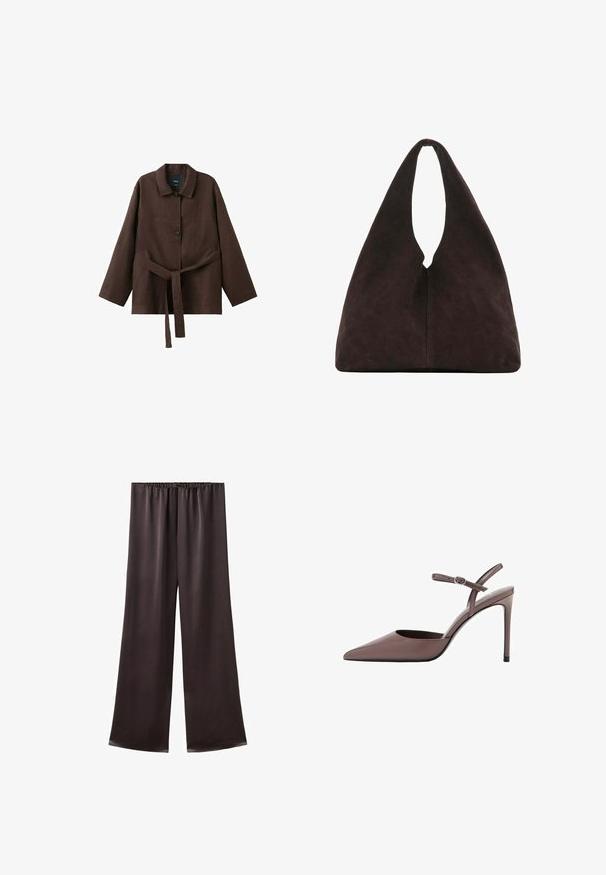 Veste marron foncé à manches longues avec col, deux boutons et une ceinture assortie en tissu nouée à la taille.; Pantalon en soie marron foncé, ample, avec une taille élastique et des jambes droites larges.; Escarpins slingback en cuir verni marron avec un bout pointu, une fine bride à la cheville et un haut talon aiguille. Texture lisse et brillante.; Sac à bandoulière triangulaire marron foncé doux avec une poignée large unique en haut et une texture de surface lisse.