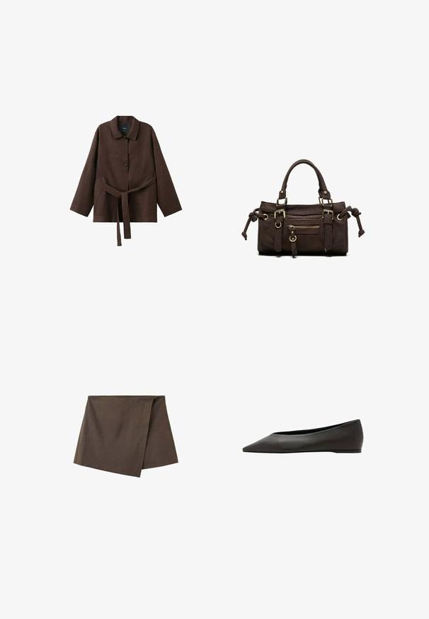 Veste marron foncé à manches longues avec col, deux boutons et une ceinture assortie en tissu nouée à la taille.; Mini-jupe cache-cœur asymétrique marron en tissu lisse, avec un panneau avant chevauchant la couche de base.; Chaussure plate noire à bout pointu avec un talon bas et une tige en cuir lisse, présentée de profil sur un fond blanc.; Sac à main en cuir marron foncé avec double poignée, poche avant zippée, boucles décoratives et nœuds latéraux sur fond blanc.