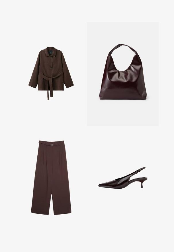 Mørkebrun langærmet jakke med krave, to knapper og et matchende bælte i stof bundet om taljen.; Stradivarius SMART WIDE-LEG WITH BUCKLE DETAIL - Bukser - dark brown; Mørkebrun læderslingback med spids snude, lav kittenhæl og justerbar spænde.; Bordeaux, skinnende vegansk læder tote taske med en blød, skulpturel form og et bredt, buet håndtag for nem bæring.