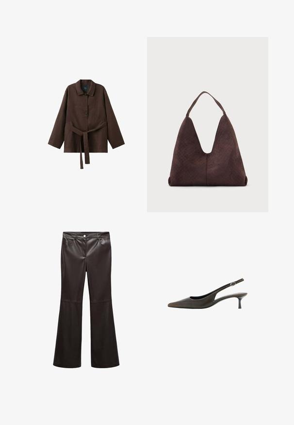 Veste marron foncé à manches longues avec col, deux boutons et une ceinture assortie en tissu nouée à la taille.; Pantalons évasés noirs en faux cuir lisse, dotés de poches avant, d'une fermeture éclair et d'un bouton argenté. Détails de couture accentués.; Chaussure slingback en cuir noir à bout pointu, petit talon kitten et petite bride réglable avec boucle.; Grand sac à main en cuir marron avec une texture tissée et une seule bandoulière, présenté sur un fond clair uni.