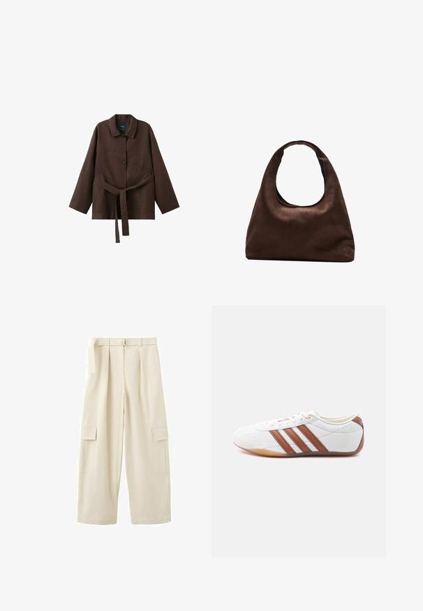 Veste marron foncé à manches longues avec col, deux boutons et une ceinture assortie en tissu nouée à la taille.; Pantalon cargo beige à jambes larges avec passants pour ceinture, plis avant, poches à rabat latérales et coupe ample et longue.; Baskets blanches basses avec des bandes en cuir marron, fermeture à lacets et semelle en caoutchouc gomme, vues de l'intérieur sur fond blanc.; Sac à main en toile marron doux de style hobo avec une large sangle unique et une ouverture en haut arrondie, présenté sur un fond blanc.