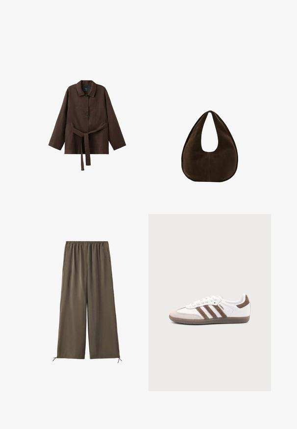 Veste marron foncé à manches longues avec col, deux boutons et une ceinture assortie en tissu nouée à la taille.; Pantalon vert olive ample avec taille élastique et cordons au bas, présenté à plat sur fond blanc.; Baskets Adidas Samba blanches avec des bandes en daim marron, semelle en caoutchouc marron et bout en daim beige, vues du côté extérieur sur un fond uni.; Sac à main en daim marron foncé en forme de croissant avec une seule sangle large et une texture lisse sur fond blanc.