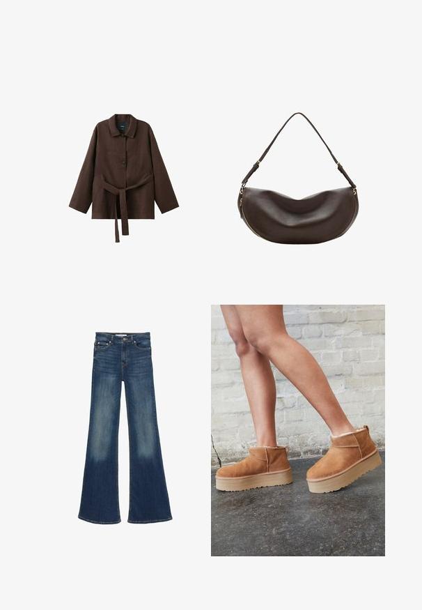 Veste marron foncé à manches longues avec col, deux boutons et une ceinture assortie en tissu nouée à la taille.; Jean en denim bleu foncé taille haute avec jambes évasées larges et zones décolorées sur les cuisses et le bas des jambes.; Bottines en suède marron avec une doublure en peluche, semelle épaisse en beige et une poignée à l'arrière. Surface texturée avec des détails de couture visibles.; Sac à bandoulière en cuir marron foncé avec une forme courbée, une sangle réglable et une fermeture éclair dorée le long du bord inférieur.
