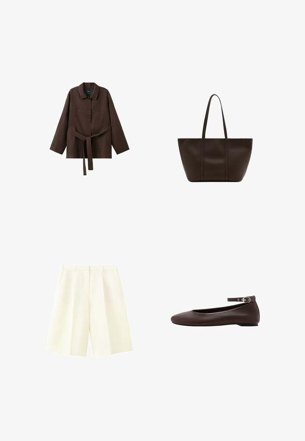 Veste marron foncé à manches longues avec col, deux boutons et une ceinture assortie en tissu nouée à la taille.; Shorts cintrés couleur crème taille haute avec passants de ceinture, plis devant et poches latérales, présentés sur fond blanc.; Chaussure plate marron foncé avec bout arrondi et bride de cheville réglable avec boucle argentée sur fond blanc.; Grand sac cabas en cuir marron foncé avec deux longues anses, design simple, texture lisse et sans logo ou ornement visible.