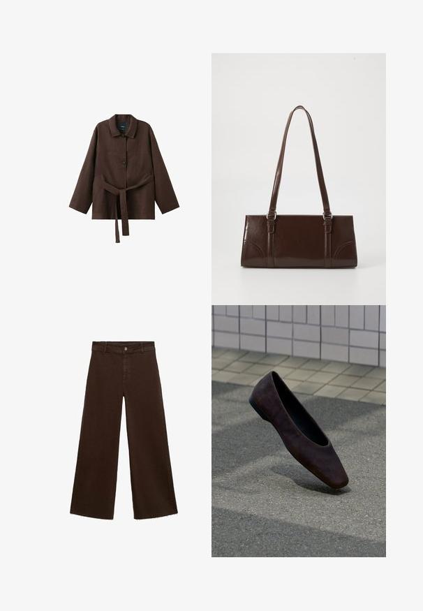 Mørkebrun langærmet jakke med krave, to knapper og et matchende bælte i stof bundet om taljen.; Brune viddebukser i en bomuldsblanding, med en frynset kant, frontknaplukning og klassisk fem-lomme design. Minimalistiske og alsidige.; Enkelt mørkebrun flad sko svævende over tekstureret jord med baggrund af flisebelagt væg.; Brun lakeret håndtaske med rektangulær form, to lange håndtag og subtile buede detaljer på fronten.