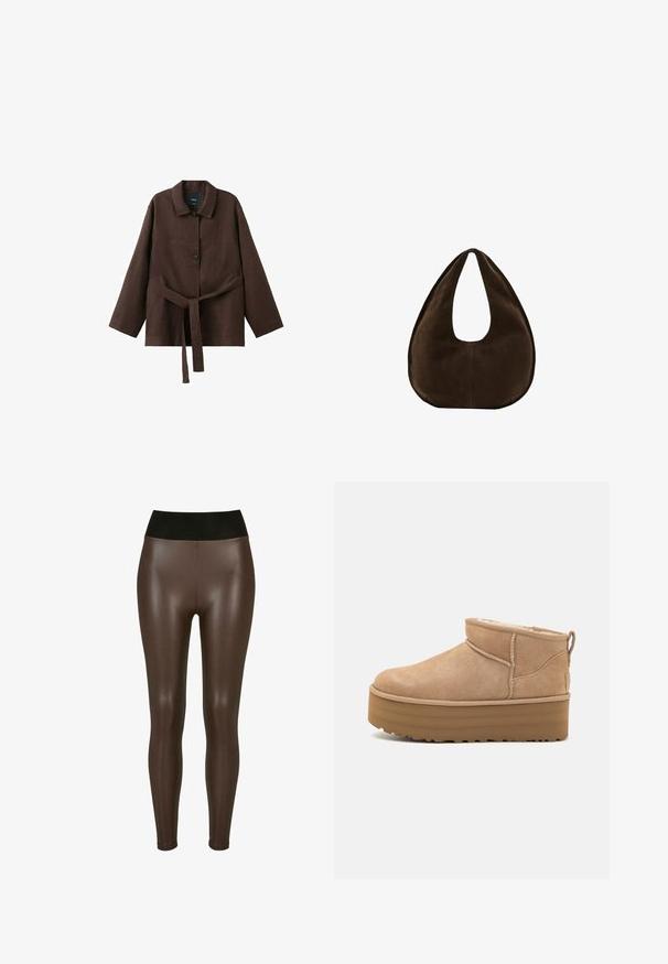 Mørkebrun langærmet jakke med krave, to knapper og et matchende bælte i stof bundet om taljen.; Brune faux læder leggings med en høj sort talje, der har en glat, blank finish og en tætsiddende design til anklerne.; Beige ruskinds ankelstøvler med et blødt indre, der har en platformssål og en strop bagpå for nem påtagning. Tekstureret gummisål.; Mørkebrun ruskind skuldertaske formet som en halvmåne med en bred rem og glat tekstur på en hvid baggrund.