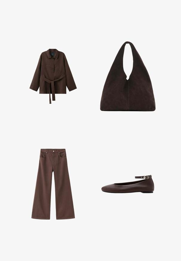 Mørkebrun langærmet jakke med krave, to knapper og et matchende bælte i stof bundet om taljen.; Brune brede jeans lavet af denim. Har fem lommer, lynlås og metalnitter. Glat tekstur og klassisk design.; Mørkebrune flade sko med rund tå og justerbar ankelrem med sølvspænde på hvid baggrund.; Blød mørkebrun trekantet skuldertaske med ét bredt håndtag øverst og en glat overfladestruktur.