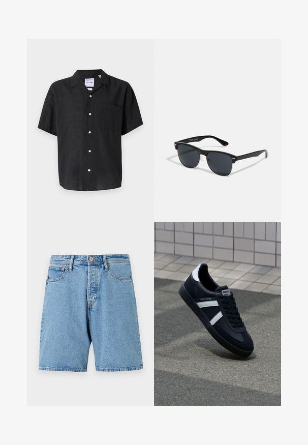 Sort kortærmet skjorte med knapper lavet af hør. Har en lomme på venstre bryst og hvide knapper, der står i kontrast til stoffets tekstur.; Lyseblå denimshorts med klassisk pasform, fem lommer og kontraststing. Har knaplukning og frynset kant.; Sort lædersneaker med hvide striber, tekstureret gummisål og snørrebånd foran. Har et brandet mærke på tungen.; Sorte solbriller med rektangulær form, mørke linser, sølvdetaljer ved tindingerne og en mat finish på stellet.