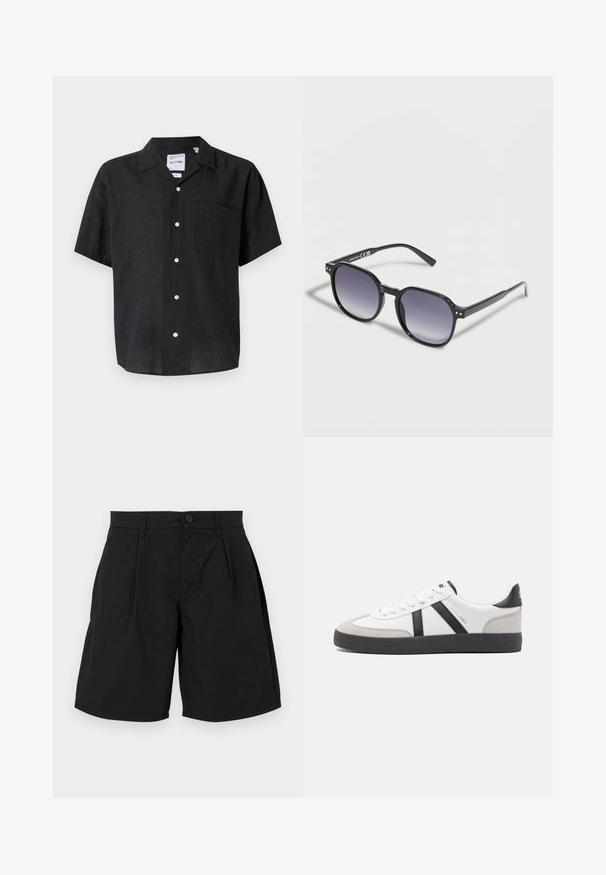 Chemise noire à manches courtes, boutonnée, fabriquée enlin. Elle présente une poche sur la poitrine gauche et des boutons blancs qui contrastent avec la texture du tissu.; Shorts noirs en tissu lisse, avec une fermeture à bouton, deux plis sur le devant et des poches latérales, offrant une coupe décontractée et un ourlet droit.; Baskets blanches avec des accents noirs et gris, présentant un embout texturé gris, une semelle en caoutchouc noir et des lacets plats blancs. Design épuré, style minimaliste.; Lunettes de soleil à monture noire avec des verres dégradés violet en forme de carré arrondi, reposant sur une surface blanche.