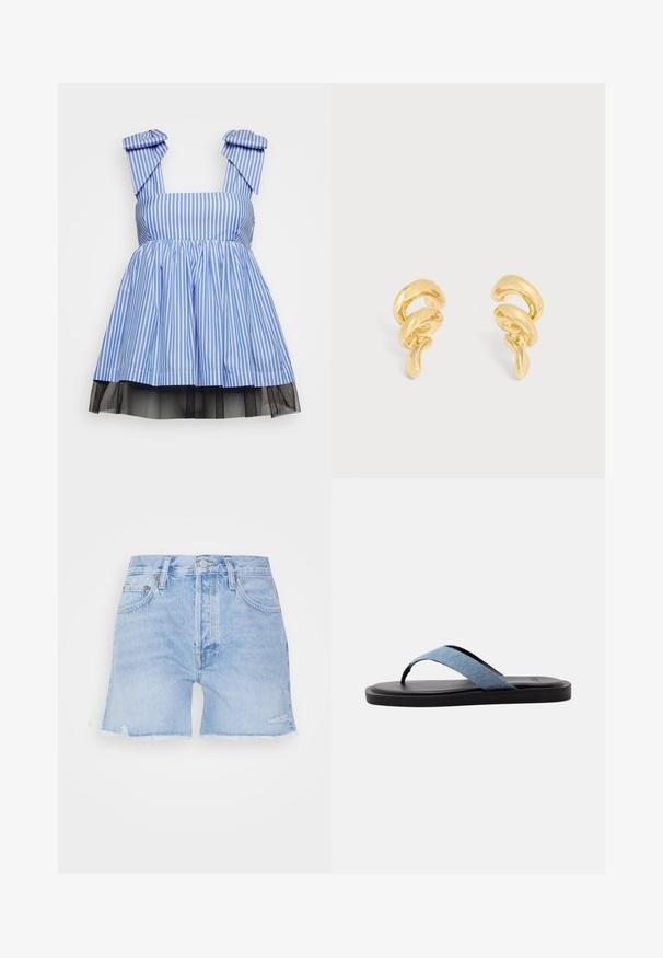 Viktor&Rolf BOWS TO THE SKY - Top - blue; Hellblaue Denim-Shorts mit fransigem Saum. Mit klassischem Fünf-Taschen-Design, Knopfverschluss und leichtem Used-Look.; Schwarze flache Sandale mit hellblauem Stoff-Zehentrenner und gepolsterter Sohle vor weißem Hintergrund.; Paar glänzende goldfarbene gedrehte Ohrringe mit skulpturalem, fließendem Design vor einem einfarbigen hellen Hintergrund.