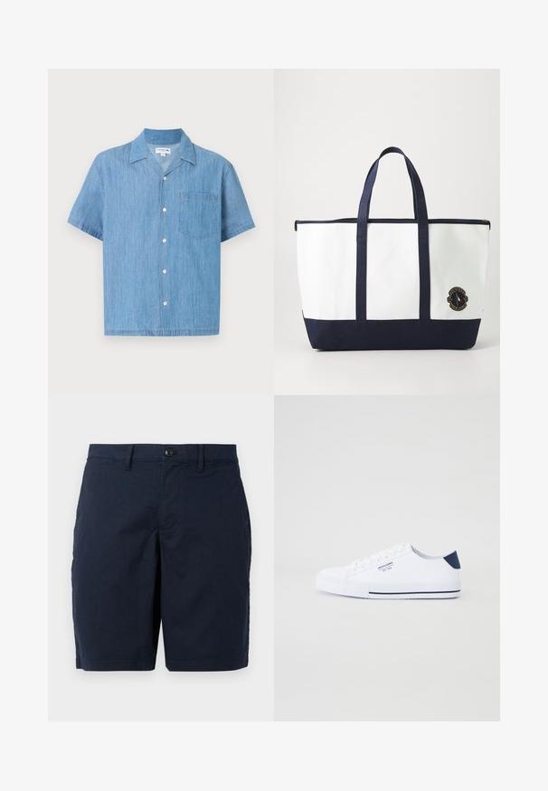 Lyseblå kortærmet denimskjorte med knapper foran, spids krave og en enkelt brystlomme på en ensfarvet baggrund.; Marineblå shorts lavet af letvægtsstof. Har en knaplukning, flad front og to sidelommer. Klassisk, lige pasform.; Hvide kanvas sneakers med en marineblå hælaccents, flad gummisål, rund tå og hvide snørebånd. Har logo på siden.; Tote bag lavet af hvidt lærred med marineblå accenter. Har to robuste håndtag og et logo-patch på fronten. Firkantet form.