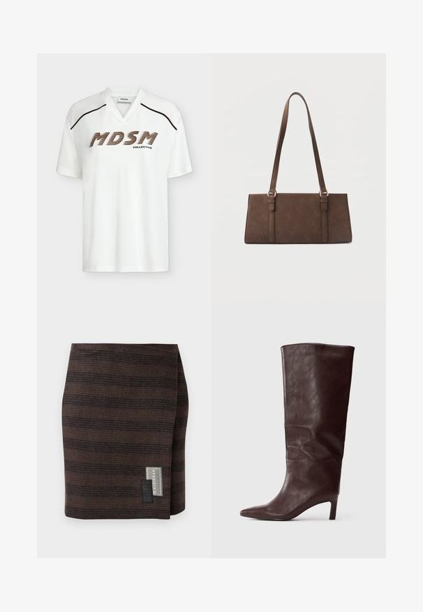 T-shirt blanc à manches courtes avec col en V, passepoil marron sur les épaules, et texte « MDSM Collective » en police marron en gras à l'avant.; Jupe marron en tissu texturé, présentant des rayures horizontales de différentes teintes. Une étiquette sur le côté affiche le nom de la marque et les instructions d'entretien.; Botte en cuir marron foncé, haute et à bout pointu, avec un talon slim de hauteur moyenne sur fond blanc uni.; Sac à bandoulière rectangulaire marron avec longues sangles et détails de couture minimalistes sur un fond uni.