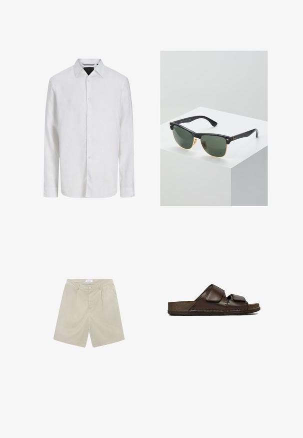 Hvid langærmet skjorte med knapper og klassisk krave, vist på en ensfarvet baggrund, set forfra.; Beige skræddersyede shorts med flad front, to sidelommer og en enkelt knappet lukning. Fremstillet af et let og glat stof.; Mørkebrune lædersandaler med to justerbare velcro-remme og en tyk, tekstureret sål.; Ray-Ban solbriller med grønne linser, sorte plastikstel og gyldne detaljer ved kanterne. Firkantet form med mat finish.