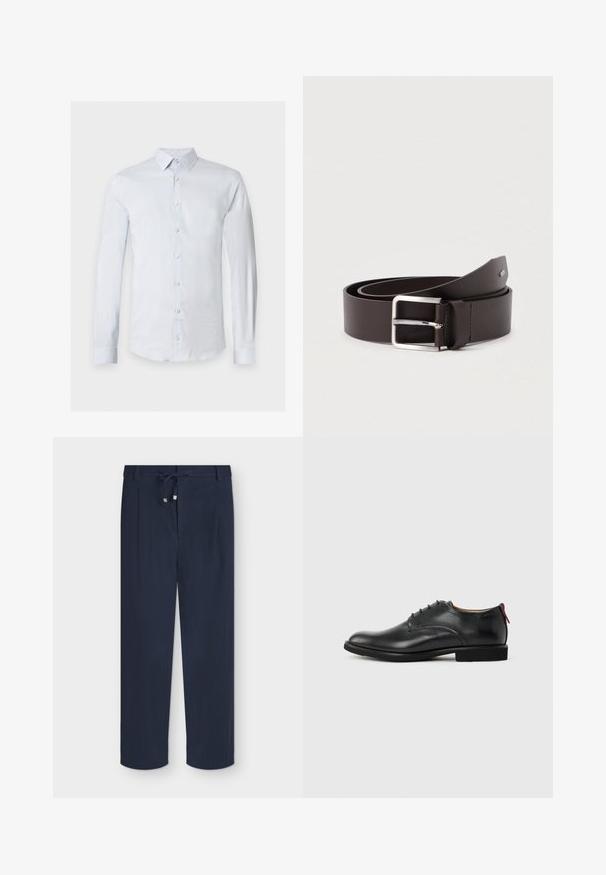 Chemise bleu clair à manches longues avec boutonnage sur le devant et col pointu, présentée sur un fond blanc uni.; Pantalon bleu marine à jambes droites avec taille à cordon et tissu texturé, posé à plat sur un fond clair.; Chaussure habillée pour homme en cuir noir, à lacets sur l'avant, avec une languette rouge au talon, sur fond uni.; Ceinture en cuir marron avec une finition lisse, équipée d'une boucle rectangulaire en métal argenté et d'un détail de couture contrastante.