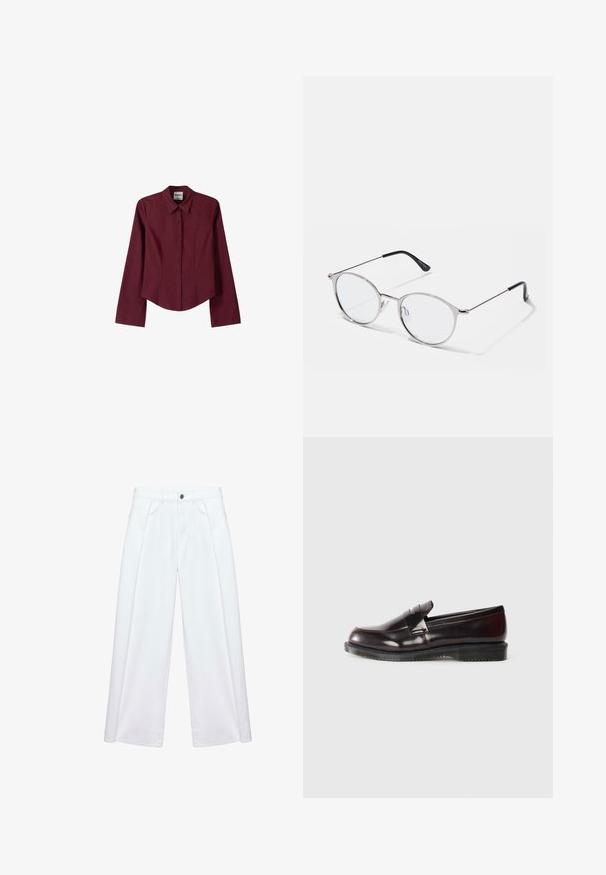 Bordeaux lange mouw knoopshirt met een puntige kraag, slim fit en verticale naaddetails, gemaakt van een gladde stof.; Witte wijde broek met plooien aan de voorkant, riemlussen, zijzakken en sluiting met knoop en ritssluiting.; Bordeaux leren loafers met een gladde oppervlakte, een verhoogde randdetail en een rubberen zool. Ontworpen met een ronde neus en minimale hardware.; Metalen zilveren bril met ronde glazen en een dunne montuur. Zwarte tempeltips bieden contrast. Inclusief verstelbare neuspad.