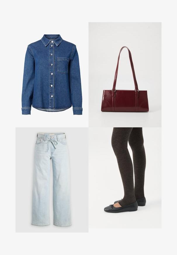 Blå denim langærmet skjorte med knapper foran, en enkelt brystlomme til venstre og en klassisk krave.; Lysblå vide jeans med bindebånd fortil, klassisk fem-lomme design og subtile falmede detaljer ved benene. Denim materiale.; Ben iført mørke ribbede leggings kombineret med sorte balletsko med små sløjfedetaljer på hvid baggrund.; Bordeaux håndtaske lavet af glansfuldt materiale, rektangulær form, med to skulderremme og subtile buede detaljer på forsiden.