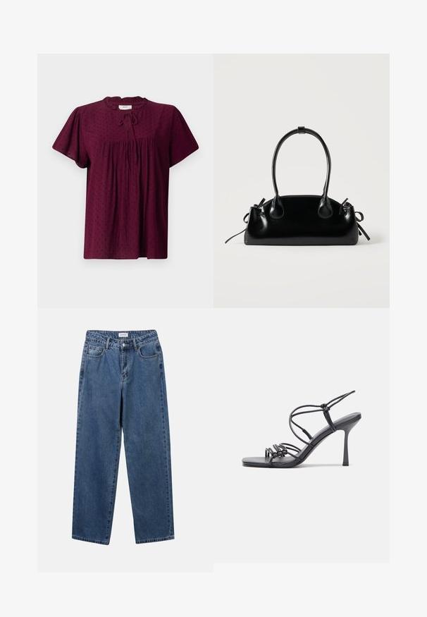 Bordeaux blouse met korte pofmouwen, textuurstof met een subtiel stippenpatroon, geplooide voorkant en een gestrikt halsdetail.; Klassieke blauwe denim jeans met een rechte pijp, vijf zakken en een knoopsluiting. Heeft een middelgrote wasbeurt en stevige textuur.; Zwarte hoge hakken sandaaltjes hebben dunne banden met een geknoopt ontwerp, een gladde vierkante neus en een elegante stiletto-hak.; Kleine zwarte glanzende handtas met twee lange hengsels en zijkant trekkoord details op een effen lichte achtergrond.