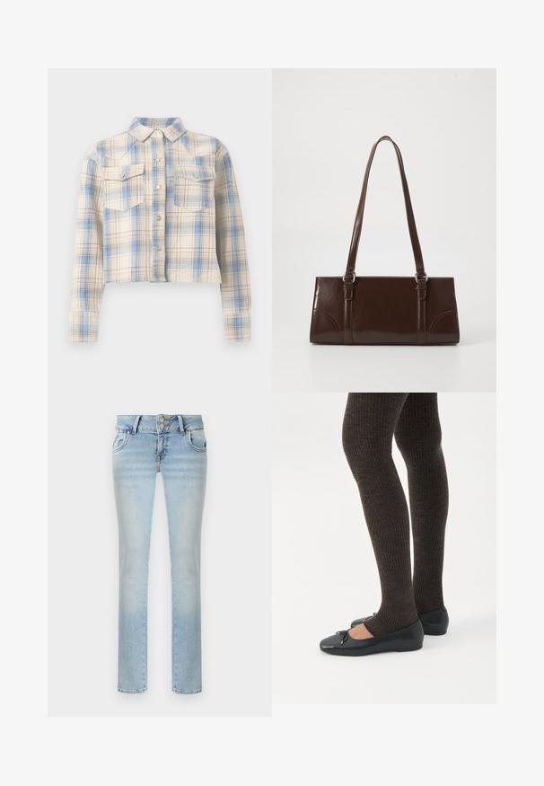 Chemise courte boutonnée avec manches longues et poches à rabat sur la poitrine, présentant un motif à carreaux beige, bleu et marron clair.; Jeans bleu clair à jambes droites avec fermeture à double bouton, poches avant et légère décoloration sur les cuisses et les genoux.; Jambes portant des leggings côtelés foncés associés à des ballerines noires avec de petits détails en nœud sur fond blanc.; Sac à main en cuir verni marron de forme rectangulaire, avec deux longues poignées et des accents courbés subtils à l'avant.