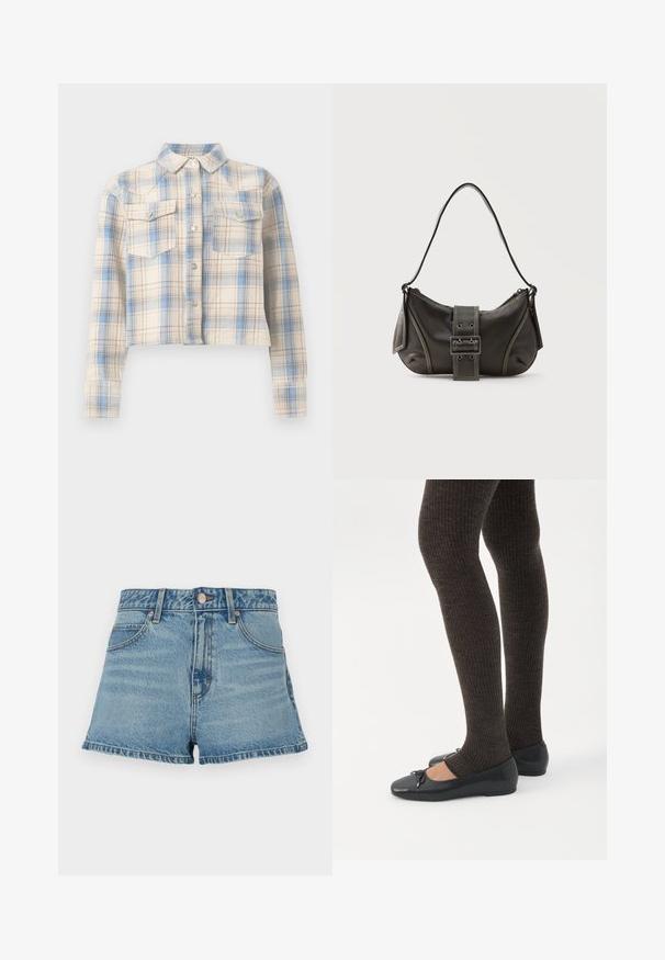 Chemise courte boutonnée avec manches longues et poches à rabat sur la poitrine, présentant un motif à carreaux beige, bleu et marron clair.; Shorts en denim bleu clair avec taille haute, ourlet effiloché, surpiqûres contrastantes et poches avant. Comprend un bouton en métal et une étiquette de marque.; Jambes portant des leggings côtelés foncés associés à des ballerines noires avec de petits détails en nœud sur fond blanc.; Sac à épaule en cuir noir avec une sangle à boucle, des bords arrondis et des coutures blanches contrastées sur un fond uni.