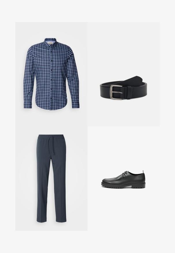 Scotch & Soda SLIM FIT SHIRT - Košeľa - faded denim; Námornícky modré, ľahké nohavice s elastickým pásom na šnúrku, rovnými nohavicami a hladkou textúrou. Žiadne vzory ani ozdoby nie sú viditeľné.; Čierne kožené topánky s hladkým povrchom, zaoblenou špičkou a dekoratívnym prešívaním. Majú gumovú podrážku s trakčnými drážkami a viazací dizajn.; Čierny kožený opasok so striebornou kovovou sponou, ktorý má hladký povrch a klasický dizajn. Opasok je zvinutý s koncom namiereným.