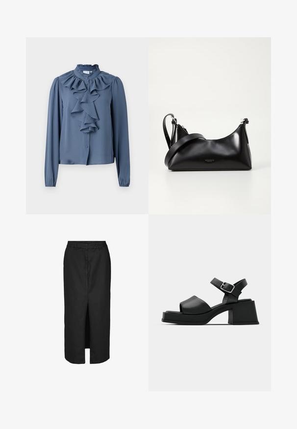 Blusa azul de manga larga en tejido ligero, con un alto cuello con volantes y un volante central en la parte delantera con cierre de botones.; Falda midi negra con una abertura frontal, confeccionada en una tela ligera. Presenta una línea de cintura clásica y sutiles bolsillos laterales.; Sandalias de plataforma de cuero negro con diseño de puntera abierta, correa en el tobillo y un tacón cuadrado grueso. Textura suave y estilo minimalista.; Bolso de mano de cuero negro con una textura suave. Cuenta con una correa ajustable y un diseño elegante y minimalista con cierre de cremallera.