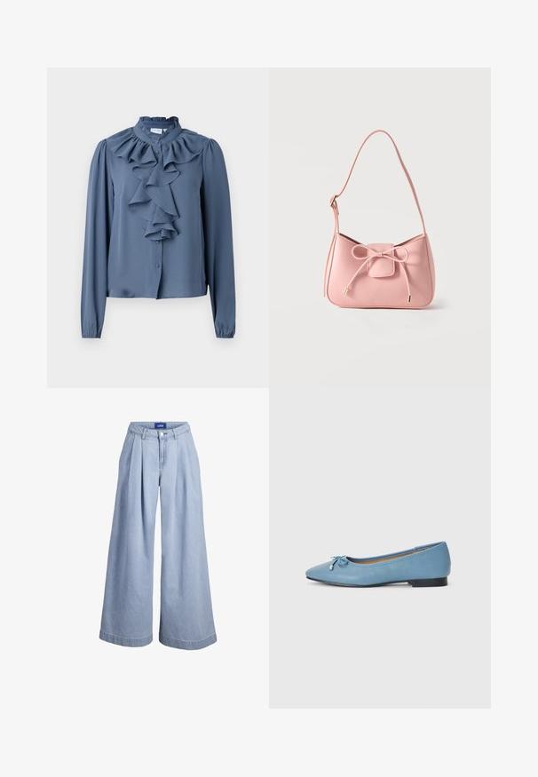 Blauwe blouse met lange mouwen in een lichtgewicht stof, met een hoge ruches-kraag en een centrale ruches aan de voorkant met knoopsluiting.; Lichtblauwe wijde spijkerbroek met plooien aan de voorkant, knoopsluiting en JJXX-label aan de binnenzijde van de tailleband.; Lichtblauwe leren ballerina met een puntige neus, voorzien van een kleine strikaccent en een lage zwarte hak. Soepele textuur met stikdetails.; Kleine schoudertas in pastelroze met verstelbare band en een strikdetail aan de voorkant met goudkleurige uiteinden, afgebeeld op een effen achtergrond.