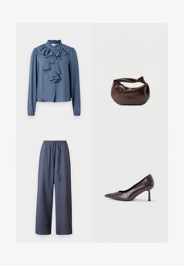 Blouse longue à manches longues de couleur bleue en tissu léger, dotée d'un col froncé haut et d'un volant central sur le devant avec une fermeture à boutons.; Pantalons larges bleu marine, en tissu texturé, avec une taille élastique et un cordon de serrage ajustable. Pas de poches visibles.; Escarpins à bout pointu en similicuir marron avec une texture crocodile, dotés d’un talon fin et angulaire ainsi que d’une doublure intérieure lisse.; Sac bandoulière en cuir marron foncé avec une forme souple et décontractée et une anse nouée torsadée sur un fond blanc uni.