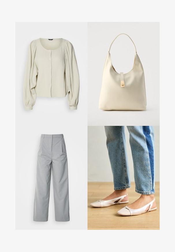 Blouse beige clair en tissu texturé, avec un col rond, une fermeture à boutons à l'avant et des manches longues bouffantes avec des détails froncés.; Pantalons larges gris en tissu texturé, avec une taille haute, des plis à l'avant et une coupe droite jusqu'à l'ourlet.; Ballerines slingback rose pâle avec un bout pointu, fabriquées en un matériau semblable au cuir lisse. Présentent des découpes sur les côtés et un talon plat.; Sac hobo en cuir couleur crème avec une seule bandoulière, texture lisse et un détail de fermoir doré à l'avant.