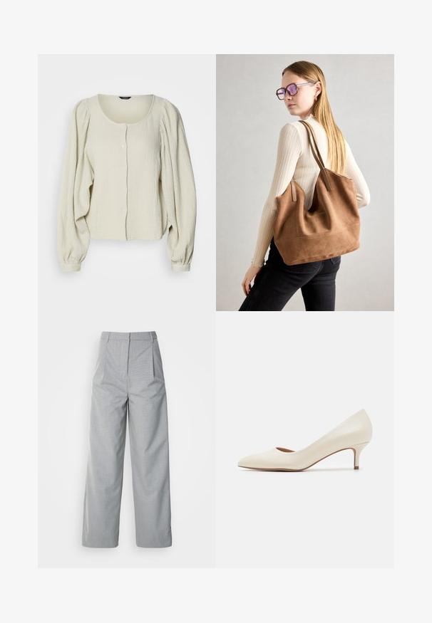 Lichtbeige blouse van gestructureerde stof, met een ronde halslijn, knoopsluiting aan de voorkant en opbollende lange mouwen met geplooide details.; Grijze wijde broek van gestructureerde stof, met een hoge taille, plooien aan de voorkant en een rechte pasvorm naar de zoom.; Beige lage hakpump met een spitse neus en een gladde, glanzende bovenkant. Bevat een subtiele uitsparing langs de voetboog en een slanke, taps toelopende hak.; Bruine suède totebag met zachte textuur, grote opening en lange hengsels. Het heeft een eenvoudig ontwerp met zichtbare stiksels en geen hardware.