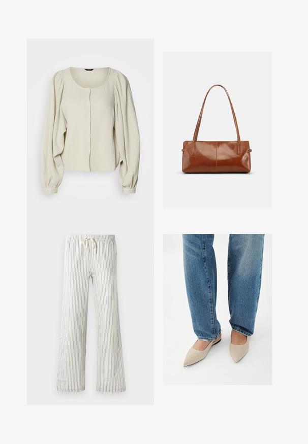 Blouse beige clair en tissu texturé, avec un col rond, une fermeture à boutons à l'avant et des manches longues bouffantes avec des détails froncés.; Pantalon blanc à cordon de serrage avec de fines rayures verticales bleues et une taille élastique, présenté de face sur un fond uni.; Personne portant un jean bleu et des chaussures plates pointues beiges, debout sur un sol blanc.; Sac à main rectangulaire en cuir marron avec deux longues bandoulières, finition lisse et brillante, au design minimaliste sur un fond uni.