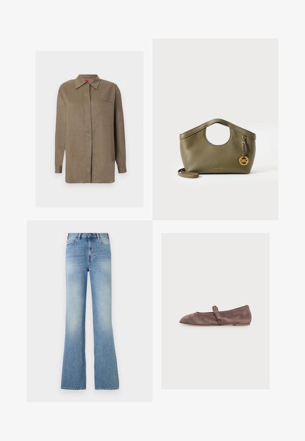 Chemise marron à manches longues avec boutons, col pointu et une poche poitrine, présentée sur un fond clair uni.; Jean denim bleu clair taille haute avec bouton et fermeture éclair devant, cinq poches, jambes légèrement évasées et légère décoloration au niveau des cuisses.; Ballerine Mary Jane en daim marron avec une fine bride et une boucle dorée, petit talon et bout arrondi, vue de côté sur fond blanc.; Sac à main en cuir vert olive avec poignée ronde découpée, breloque logo MK dorée et bandoulière amovible sur fond blanc.