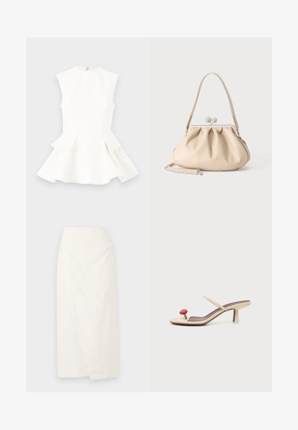 Top blanco sin mangas con diseño de peplum, tejido estructurado y cremallera en la parte posterior. Textura suave, escote redondeado y ajuste entallado.; Falda blanca hasta la rodilla hecha de un tejido ligero, con un diseño tipo wrap y una superficie suave y texturizada. Líneas simples y limpias sin adornos.; Sandalia beige de tacón alto con tiras finas y decoración redondeada roja en la puntera sobre fondo claro.; Bolso de mano de cuero suave beige con cierre de marco metálico plateado, una correa para el hombro y una correa de cadena opcional sobre un fondo blanco.