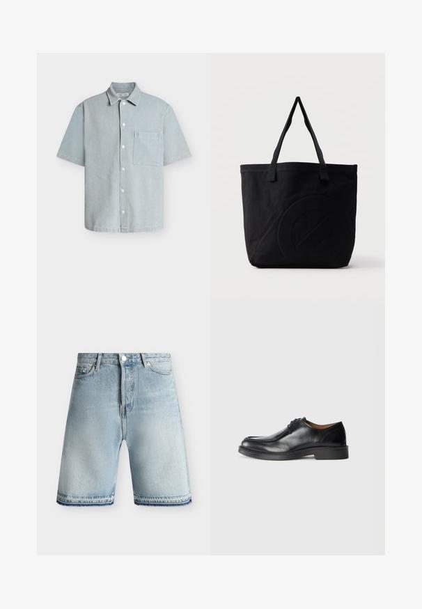 Chemise bleu clair à manches courtes avec boutons, col et poche poitrine, en tissu texturé.; Short en denim bleu clair avec fermeture bouton et zip, passants de ceinture, poches avant et ourlets effilochés sur fond uni.; Chaussure de ville en cuir noir avec un bout arrondi, surface lisse, détails en dentelle et une semelle en caoutchouc texturée basse. Lignes épurées et design minimal.; Sac fourre-tout en toile noire avec deux bandoulières et un motif circulaire discret en relief sur le devant.