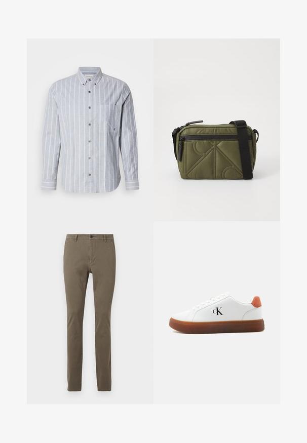 Chemise à rayures bleu clair à manches longues avec col boutonné, poche avant et tissu texturé. Présente des rayures verticales blanches contrastantes.; Pantalons khaki ajustés avec passants de ceinture, bouton avant, fermeture éclair et poches latérales, présentés sur un fond blanc.; Baskets basses blanches avec semelle marron, languette orange au talon, lacets et logo "cK" sur le côté.; Sac en tissu matelassé vert olive avec une sangle noire, doté d'une fermeture zippée sur le dessus et d'une poche zippée extérieure ornée d'accents de motifs géométriques.