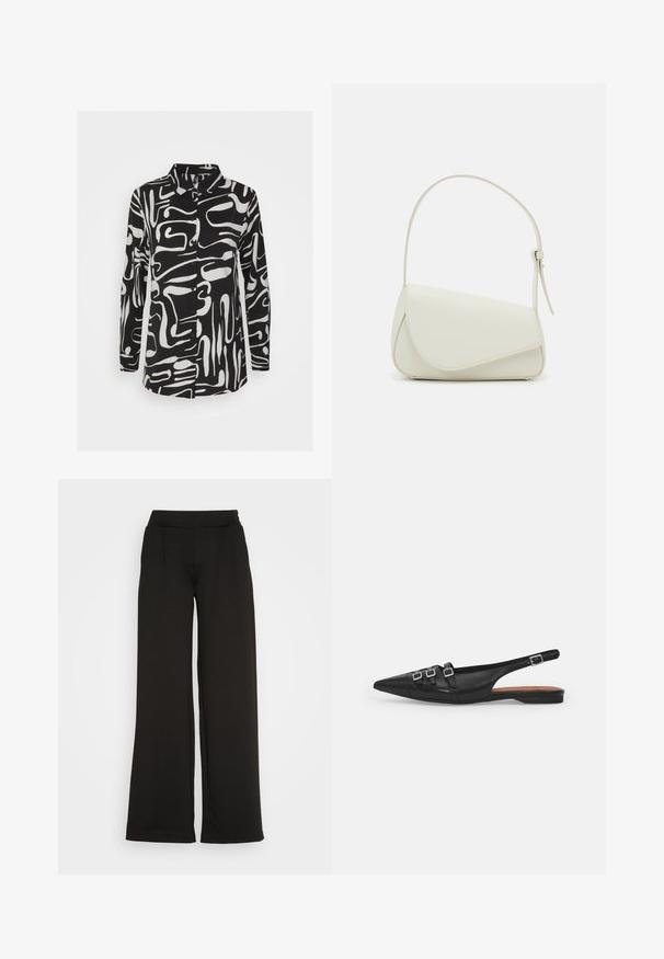 ONLY ONLCATHY - Overhemdblouse - black; Zwarte wijde broek met een gladde textuur, voorzien van een hoge tailleband en twee voorplooien. Het ontwerp is simpel en onverfraaid.; Zwarte leren slingback ballerina met spitse neus, voorzien van twee horizontale bandjes en vierkante zilveren gespen, lage hak en een gladde textuur.; Witte nepleren handtas met een gestructureerde driehoekige vorm, een enkele verstelbare schouderriem en een klep met ronde accenten.