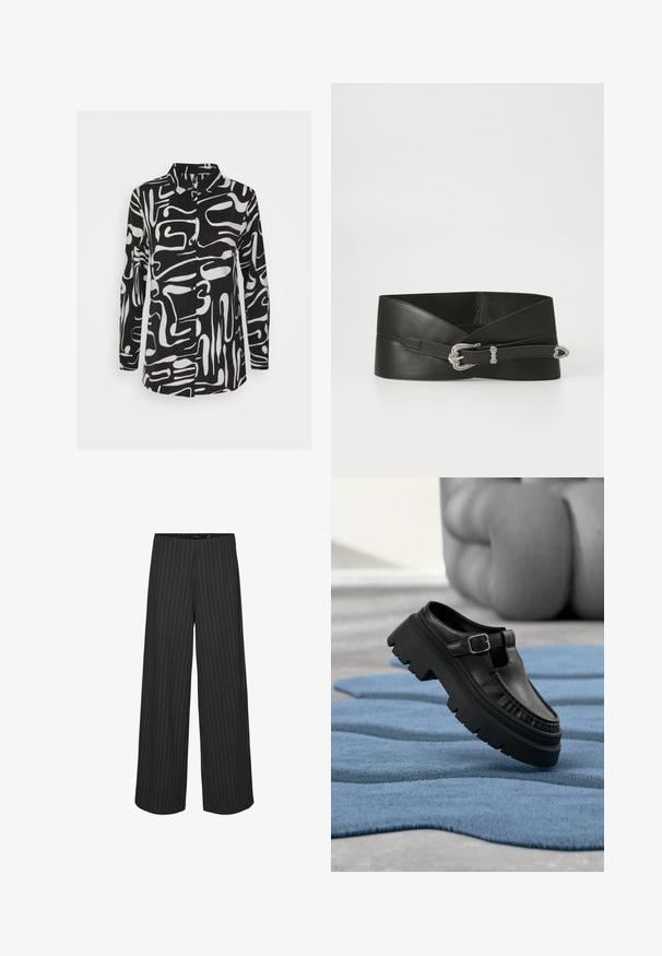 ONLY ONLCATHY - Chemisier - black; Pantalons larges noirs à rayures verticales blanches, présentant une coupe ajustée et une texture lisse. Pas de poches ni de matériel visible.; Mocassin en cuir noir avec semelle crantée épaisse et boucle argentée, positionné en angle sur un tapis bleu texturé.; Ceinture en cuir noir au design large. Elle dispose d'une boucle décorative en argent et d'une finition texturée. Longueur ajustable avec un système de fermeture simple.
