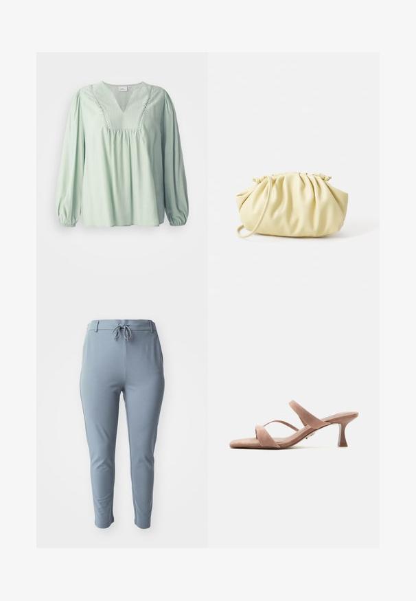Lichtgroene blouse met lange mouwen, een v-hals, geplooid lijfje en decoratieve stiksel langs de halslijn. Zachte textuur, losse pasvorm.; Lichtblauwe, rekbare broeken met een taps toelopende pasvorm, elastische tailleband en verstelbaar trekkoord. Heeft zijzakken en een gladde textuur.; Beige suède open-toe mule sandaal met twee dunne bandjes en een slanke middenhoge hak op een witte achtergrond.; Geel geplooide handtas van soepel nepleer, met een zachte vorm, een enkele schouderriem en een verzameld ontwerp aan de bovenkant.