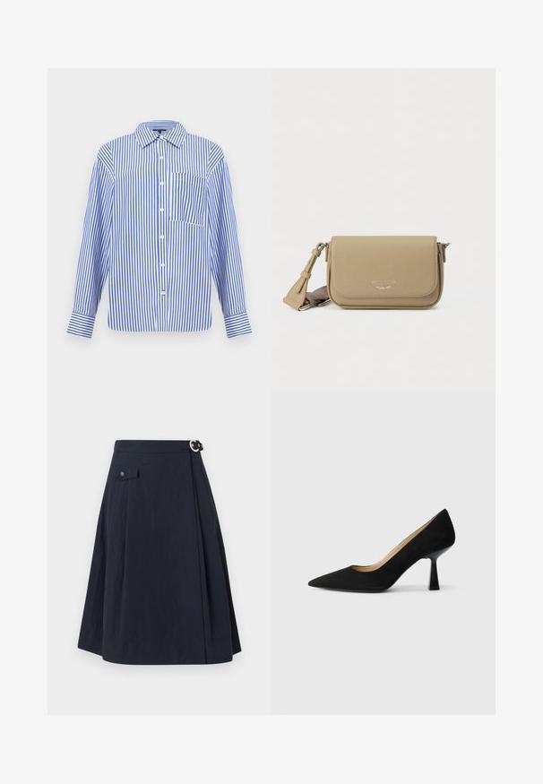 Blauw-wit gestreept overhemd met lange mouwen, verticale strepen, knopen aan de voorkant, een spitse kraag, een borstzak en manchetknopen.; Navyblauwe A-lijn rok met een zijknoopsluiting, voorzien van een voorzak en een soepele, lichte stof met een lichte glans.; Zwarte suède high-heeled pump met een spitse neus, voorzien van een glanzende zwarte blokhak en een gladde binnenvoering.; Khaki leren crossbodytas met een gestructureerde afwerking, flapsluiting, zilveren merkdetails en verstelbare band. Compacte rechthoekige vorm.