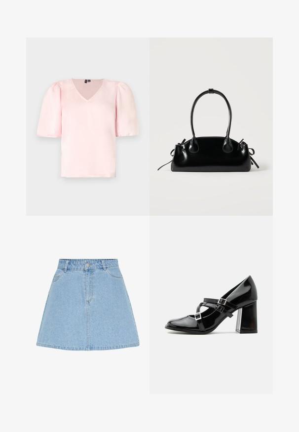 Rosa satinbluse med V-udskæring, korte pufærmer og en afslappet pasform. Glat tekstur og enkelt design uden synlige mønstre eller accenter.; Lyseblå denim A-formet nederdel med frontknapper og lynlås, bæltestropper og to forlommer.; Skinnende sort Mary Jane-stilet med tre spænder og en kraftig blokhæl, vist i sideprofil mod en hvid baggrund.; Lille sort blank håndtaske med to lange håndtag og snøre-detaljer i siden på en ensfarvet lys baggrund.
